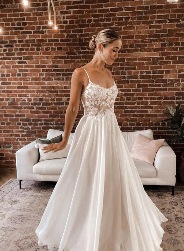 A-Line/Princess Spaghetti Straps Floor-Length Lace Wedding Dress