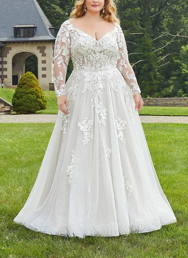 A-Line/Princess V-Neck Long Sleeves Plus Size Lace Wedding Dress with Applique