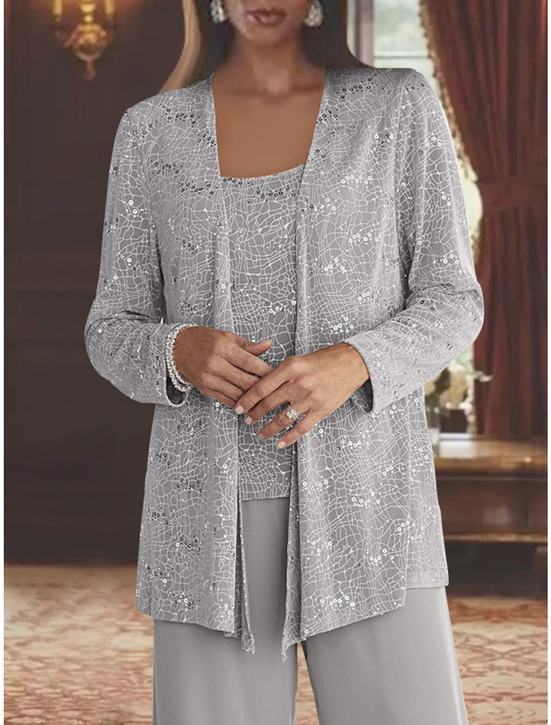 Chiffon Mother of the Bride Pantsuits with Sequins & Jacket