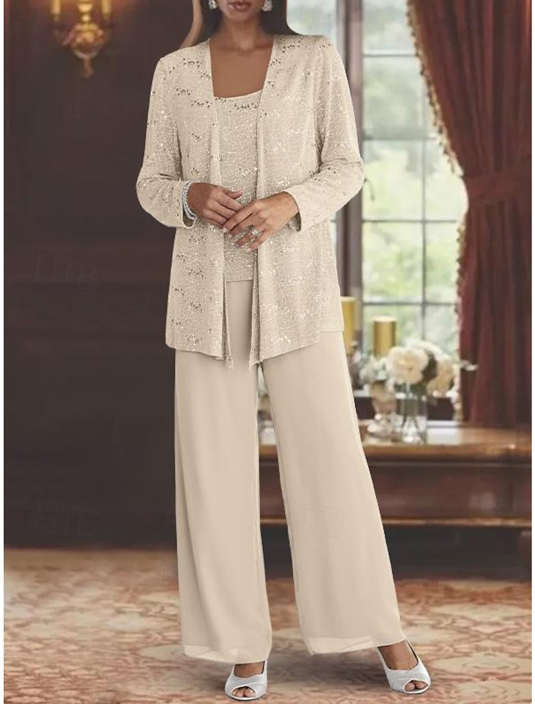 Chiffon Mother of the Bride Pantsuits with Sequins & Jacket