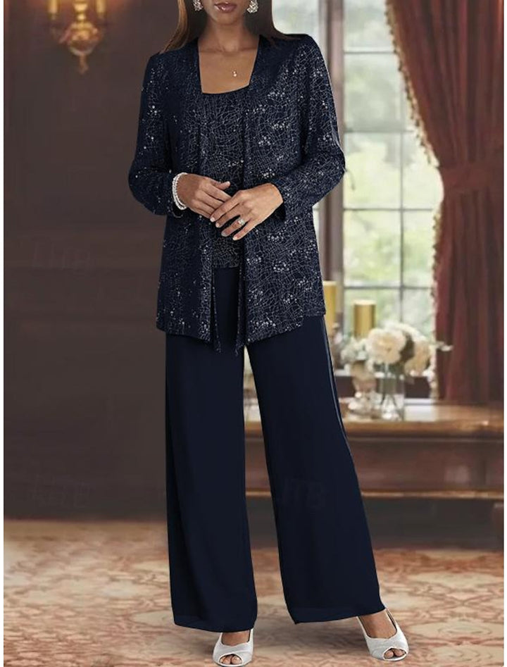 Chiffon Mother of the Bride Pantsuits with Sequins & Jacket