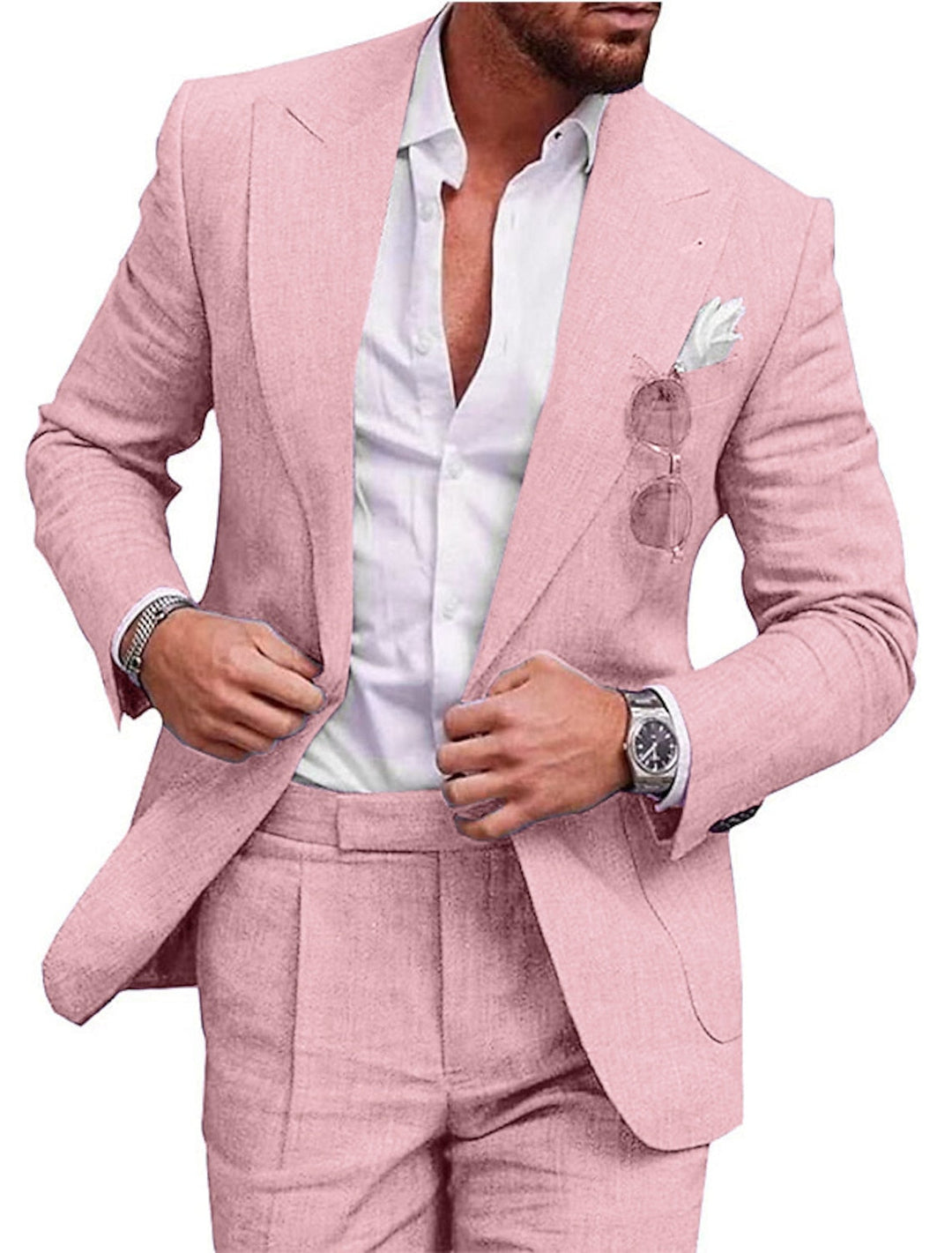 Men's Tailored Fit Single Breasted Two-buttons 2 Pieces Solid Coloured Linen Suits