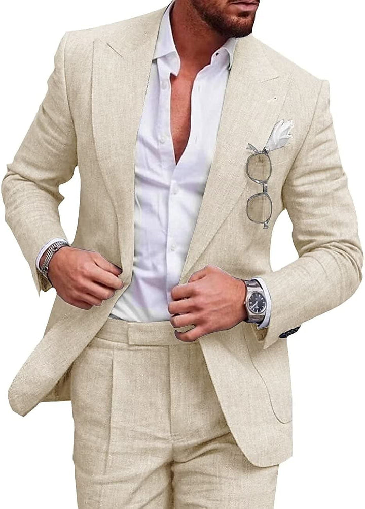 Men's Tailored Fit Single Breasted Two-buttons 2 Pieces Solid Coloured Linen Suits