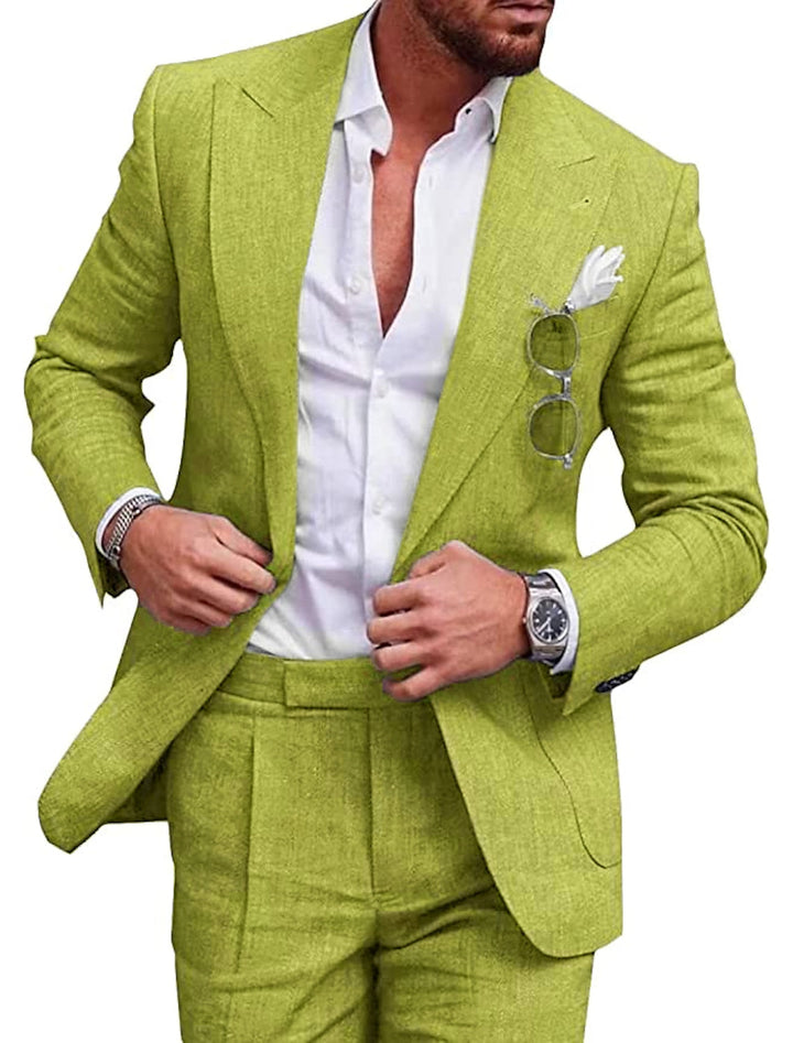 Men's Tailored Fit Single Breasted Two-buttons 2 Pieces Solid Coloured Linen Suits