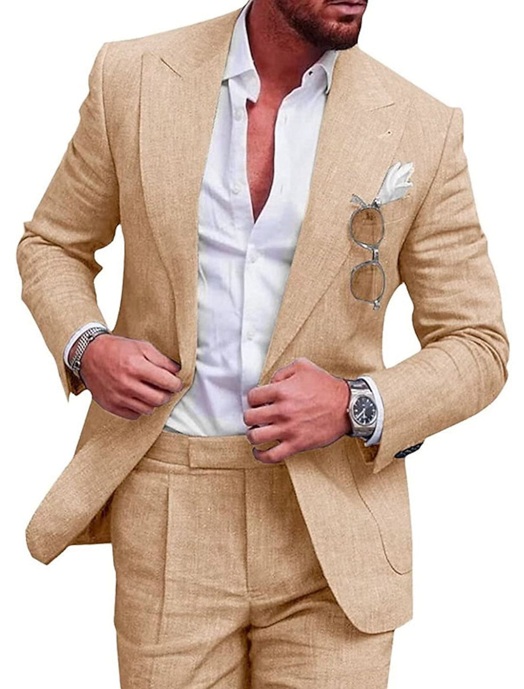 Men's Tailored Fit Single Breasted Two-buttons 2 Pieces Solid Coloured Linen Suits