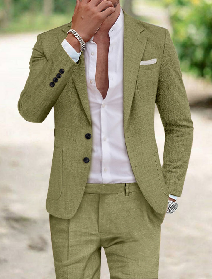 Men's Tailored Fit Single Breasted Two-buttons 2 Pieces Solid Coloured Linen Suits