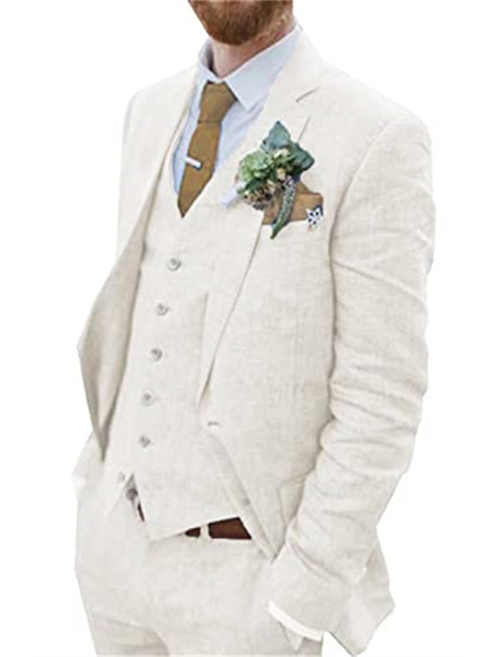 Men's Tailored Fit Single Breasted Two-buttons 3 Pieces Solid Coloured Linen Suits