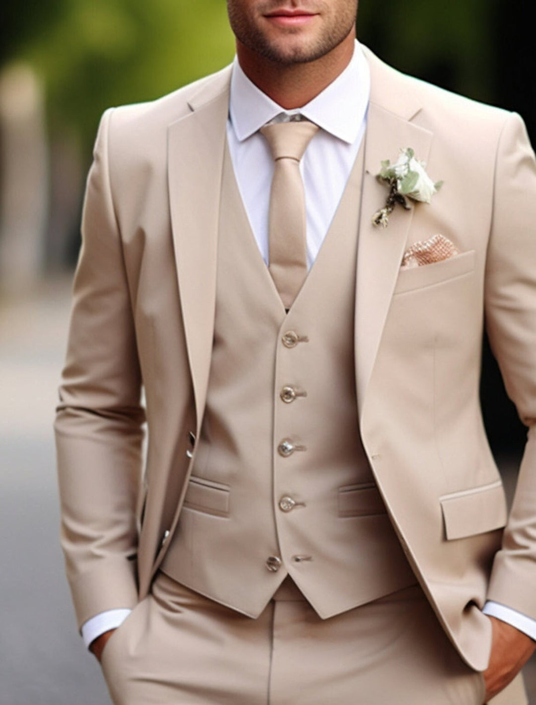 Men's Tailored Fit Single Breasted Two-buttons 3 Pieces Solid Coloured Wedding Suits