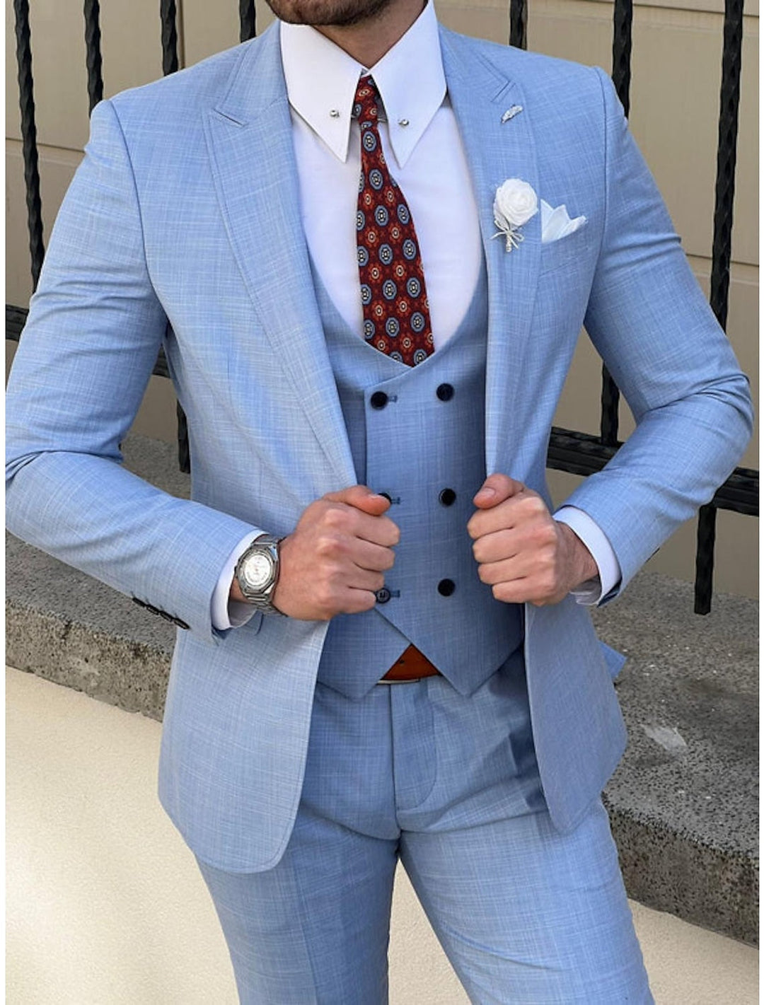 Men's Tailored Fit Single Breasted Two-buttons 3 Pieces Solid Coloured Wedding Suits