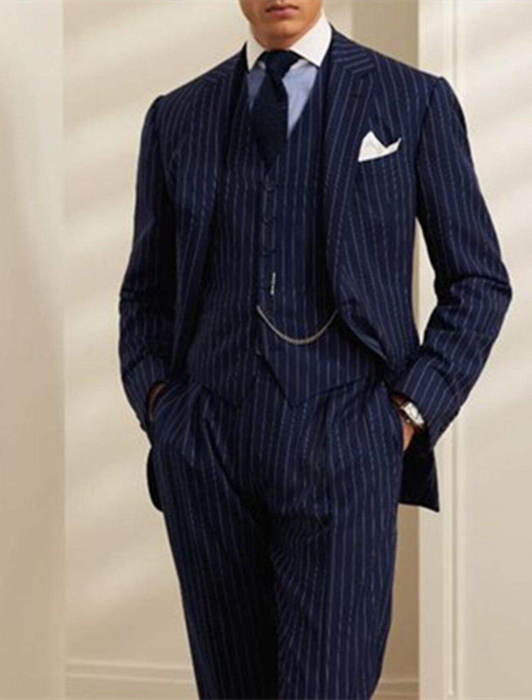 Men's Tailored Fit Single Breasted Two-buttons 3 Pieces Striped Wedding Suits