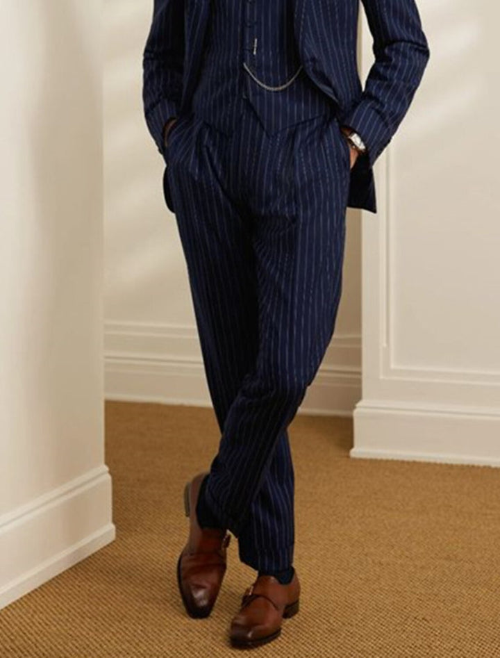 Men's Tailored Fit Single Breasted Two-buttons 3 Pieces Striped Wedding Suits