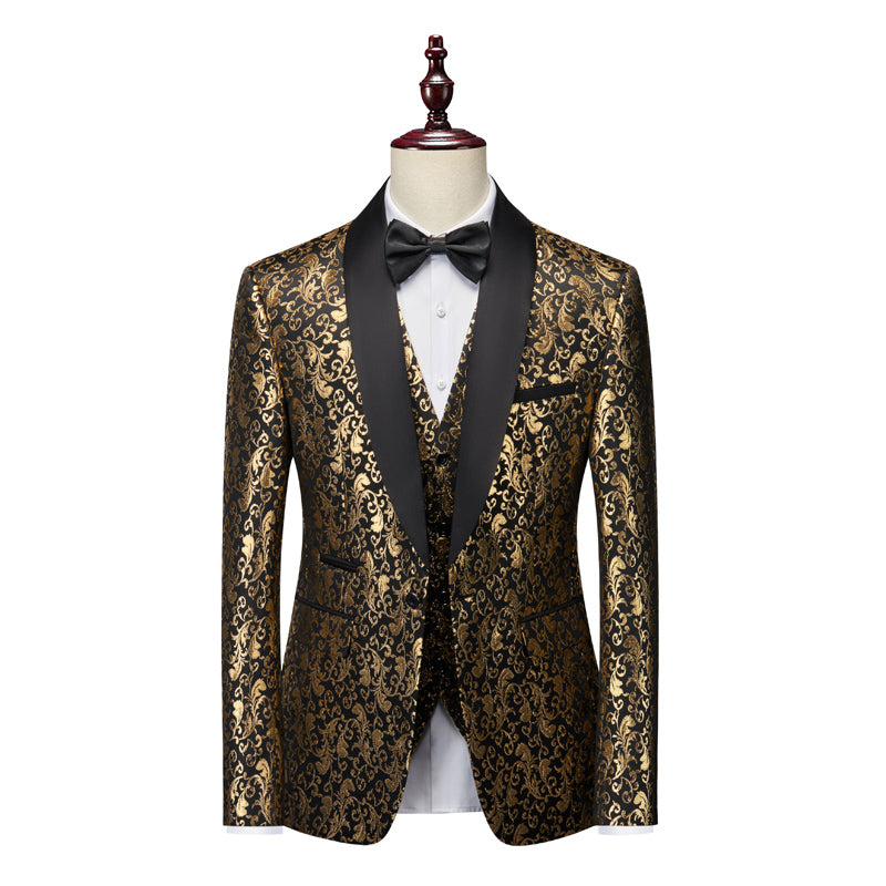 Gold Men's Tailored Fit Single Breasted One-button 3 Pieces Printed Prom Party Suits