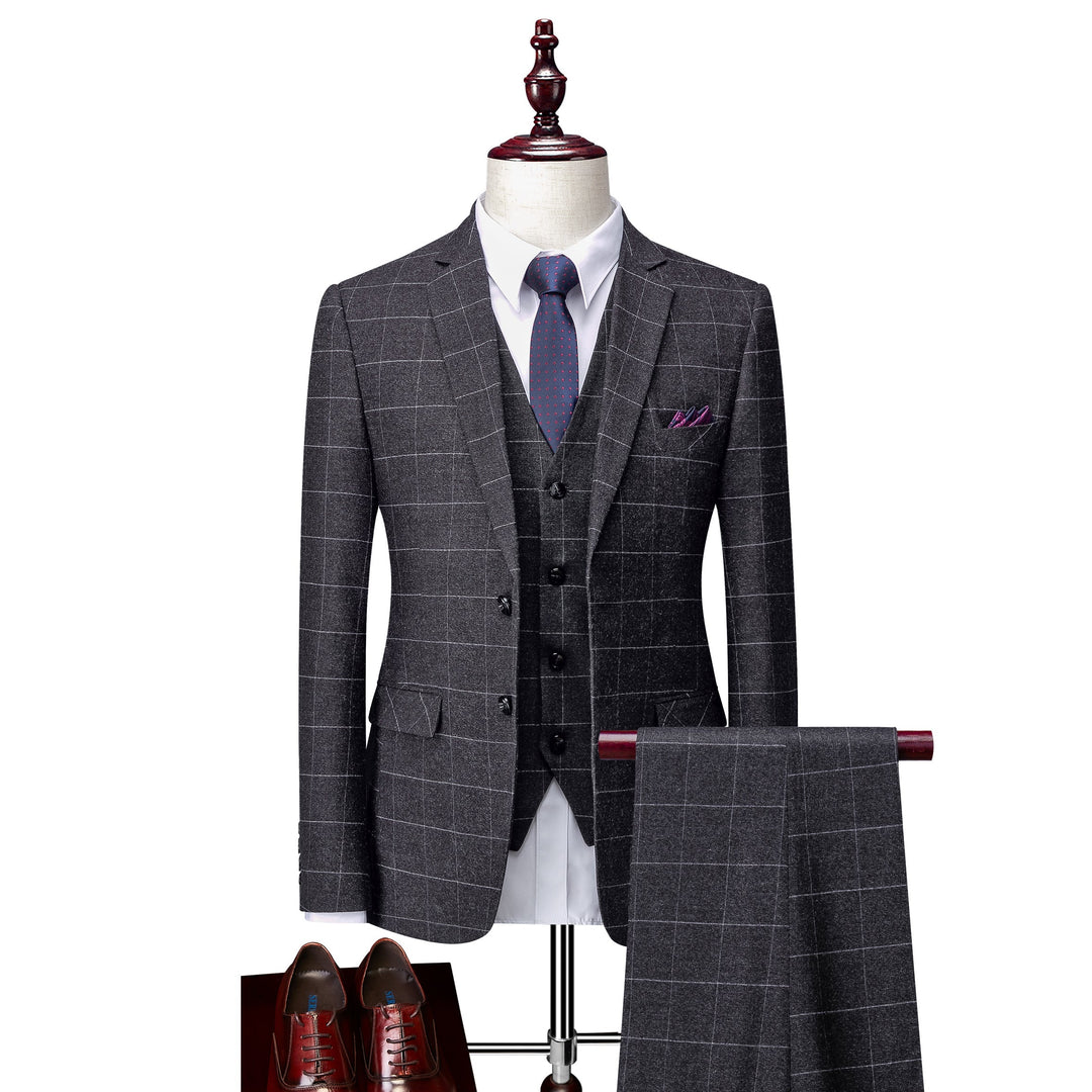 Men's Tailored Fit Single Breasted Two-buttons 3 Pieces Plaid Wedding Suits