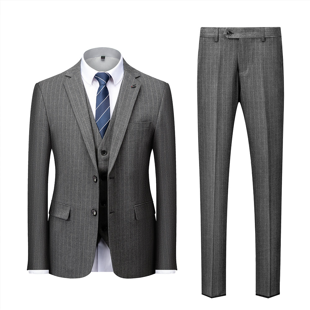 Men's Tailored Fit Single Breasted Two-buttons 3 Pieces Striped Wedding Suits