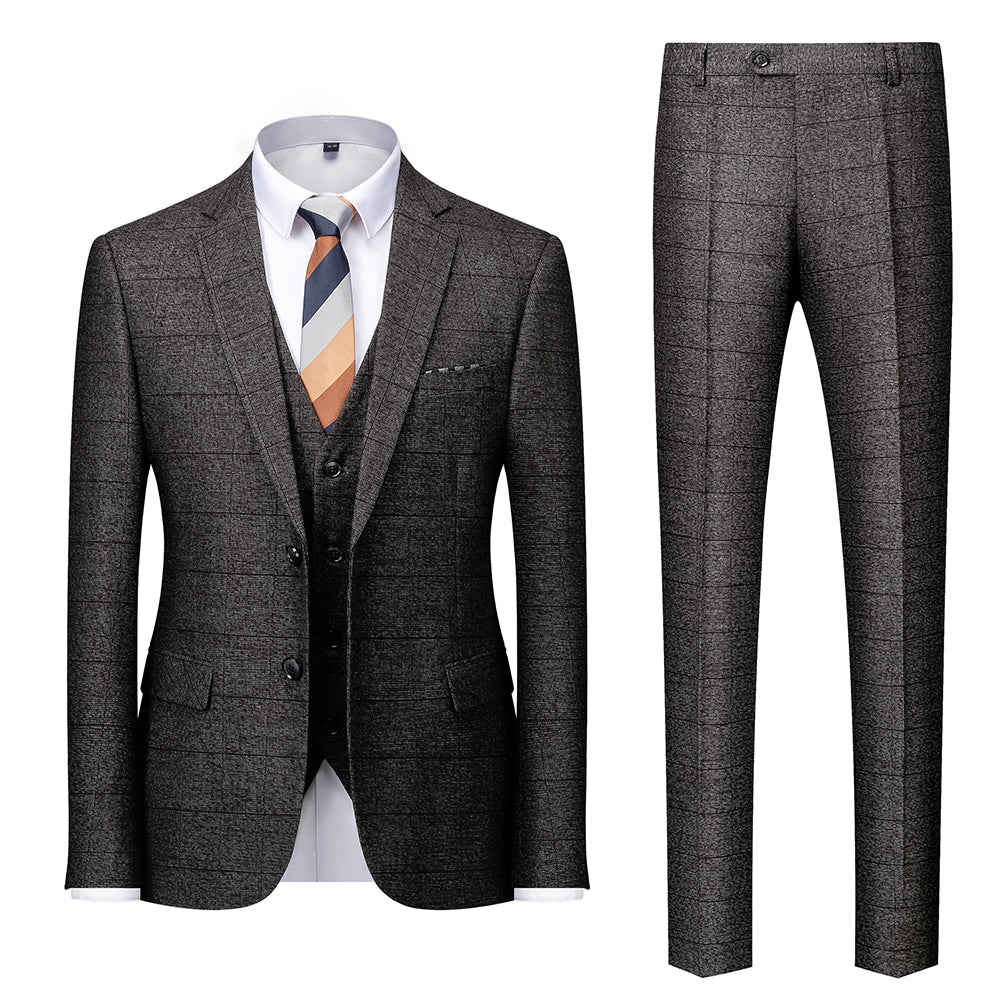 Men's Tailored Fit Single Breasted Two-buttons 3 Pieces Plaid Wedding Suits