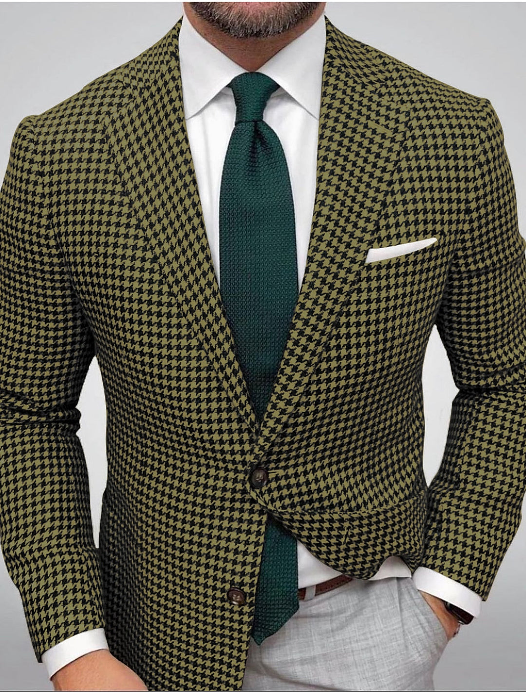 Green Red Brown Men's Tailored Fit Single Breasted Two-buttons Houndstooth Casual Jacket