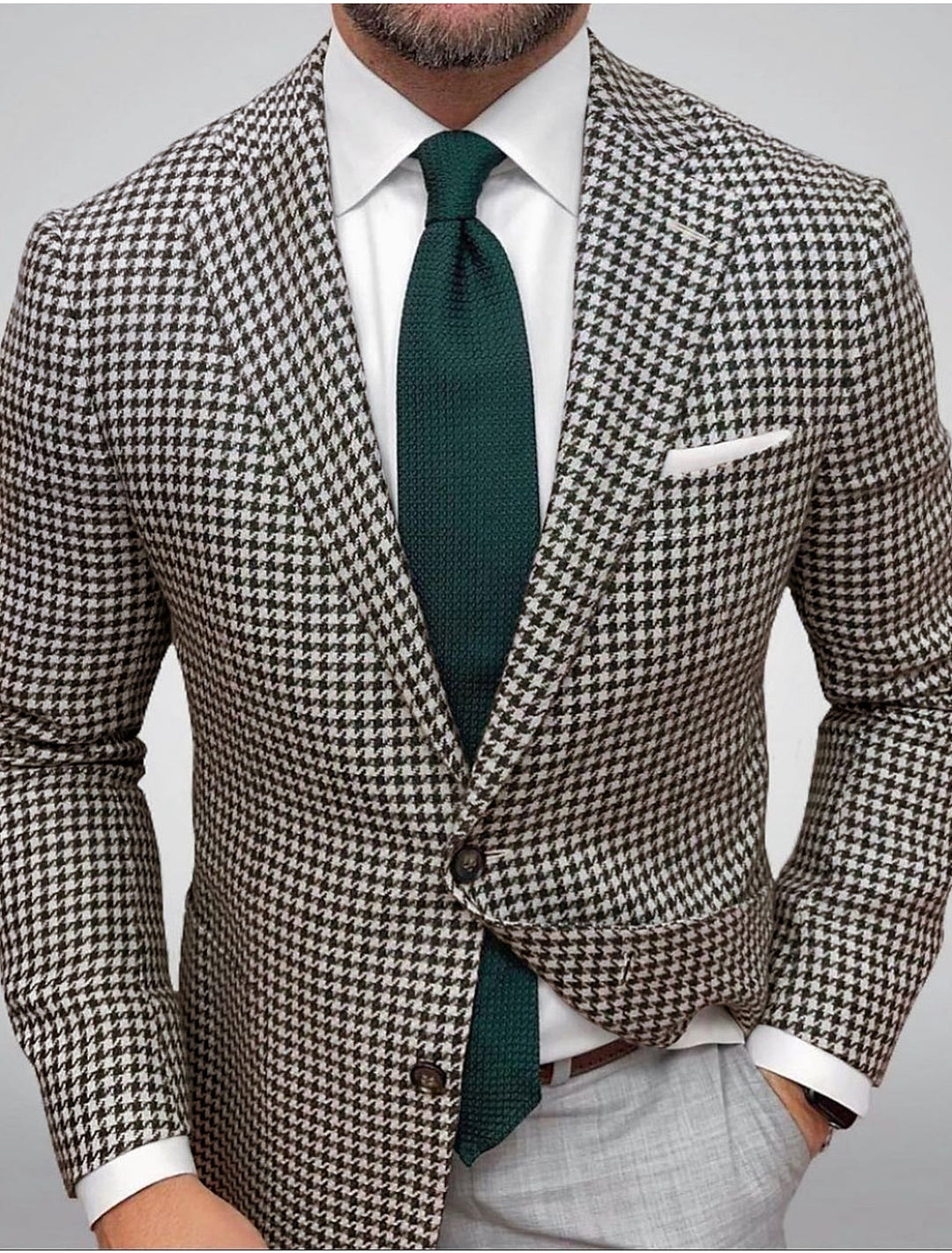 Green Red Brown Men's Tailored Fit Single Breasted Two-buttons Houndstooth Casual Jacket