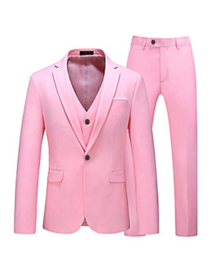 Pink Red Blue Yellow Men's Tailored Fit 3 Pieces Solid Coloured Single Breasted One-button Party Suits