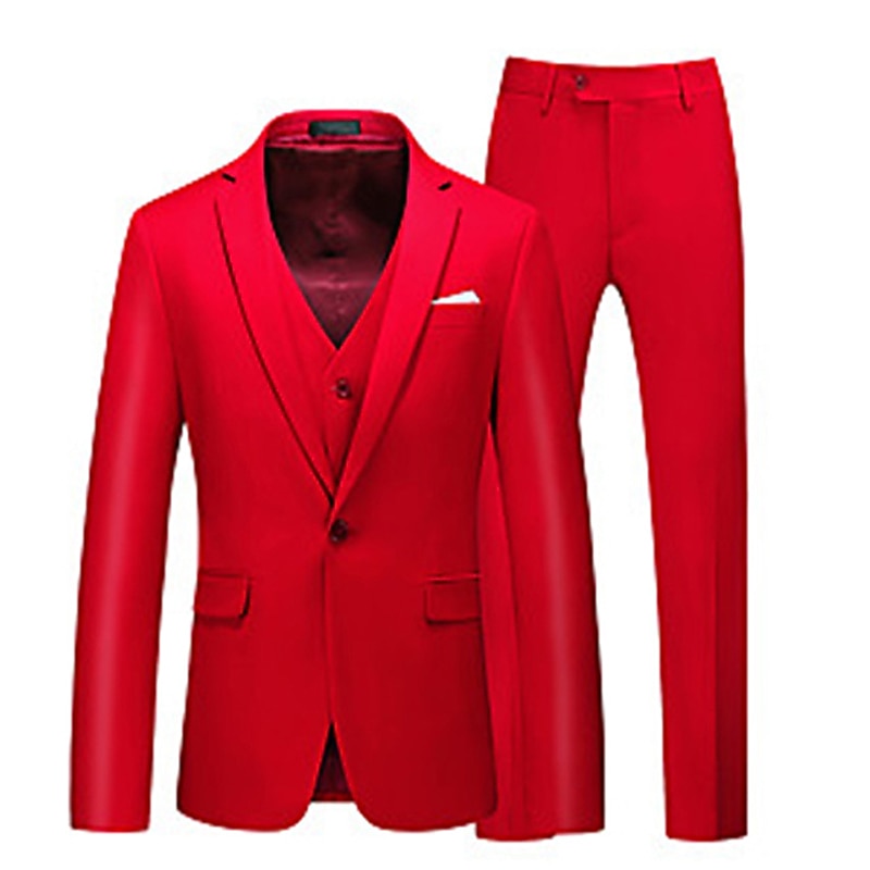 Pink Red Blue Yellow Men's Tailored Fit 3 Pieces Solid Coloured Single Breasted One-button Party Suits