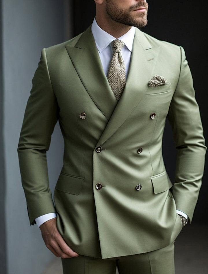 Green Men's Tailored Fit 2 Pieces Solid Coloured Double Breasted Six-buttons Party Suits