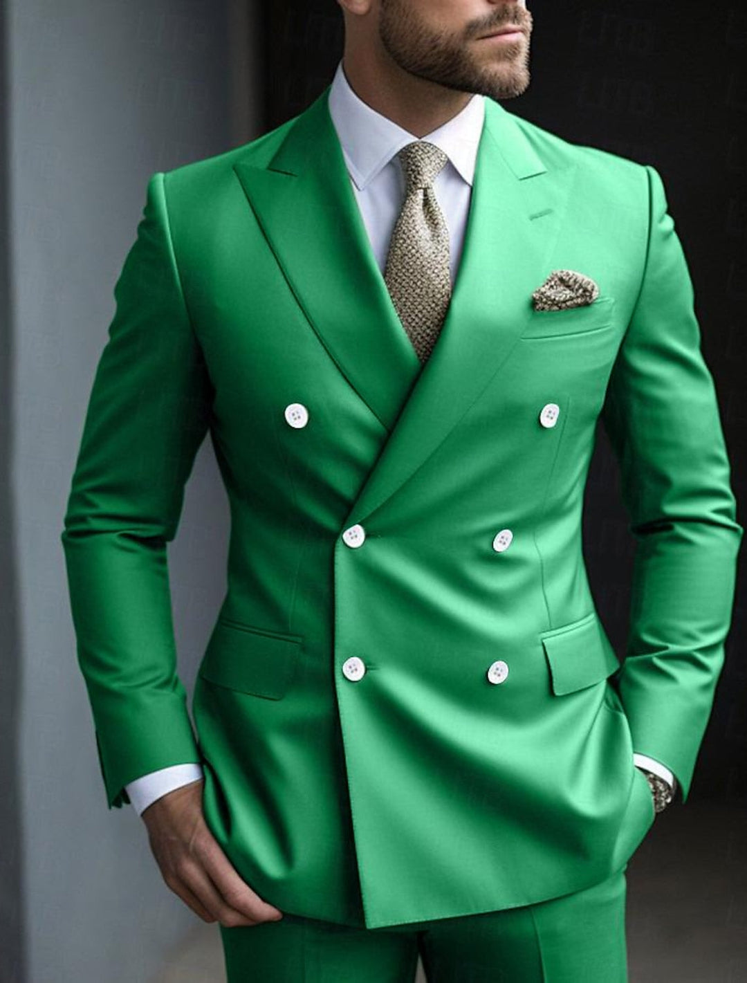 Green Men's Tailored Fit 2 Pieces Solid Coloured Double Breasted Six-buttons Party Suits