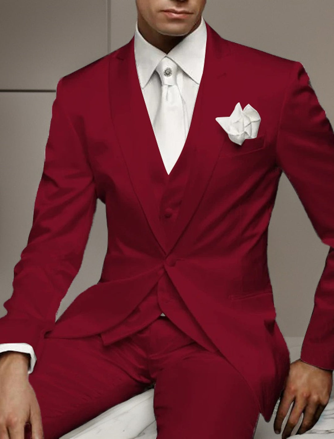 Red Men's Tailored Fit 3 Pieces Solid Coloured Single Breasted One-button Party Suits