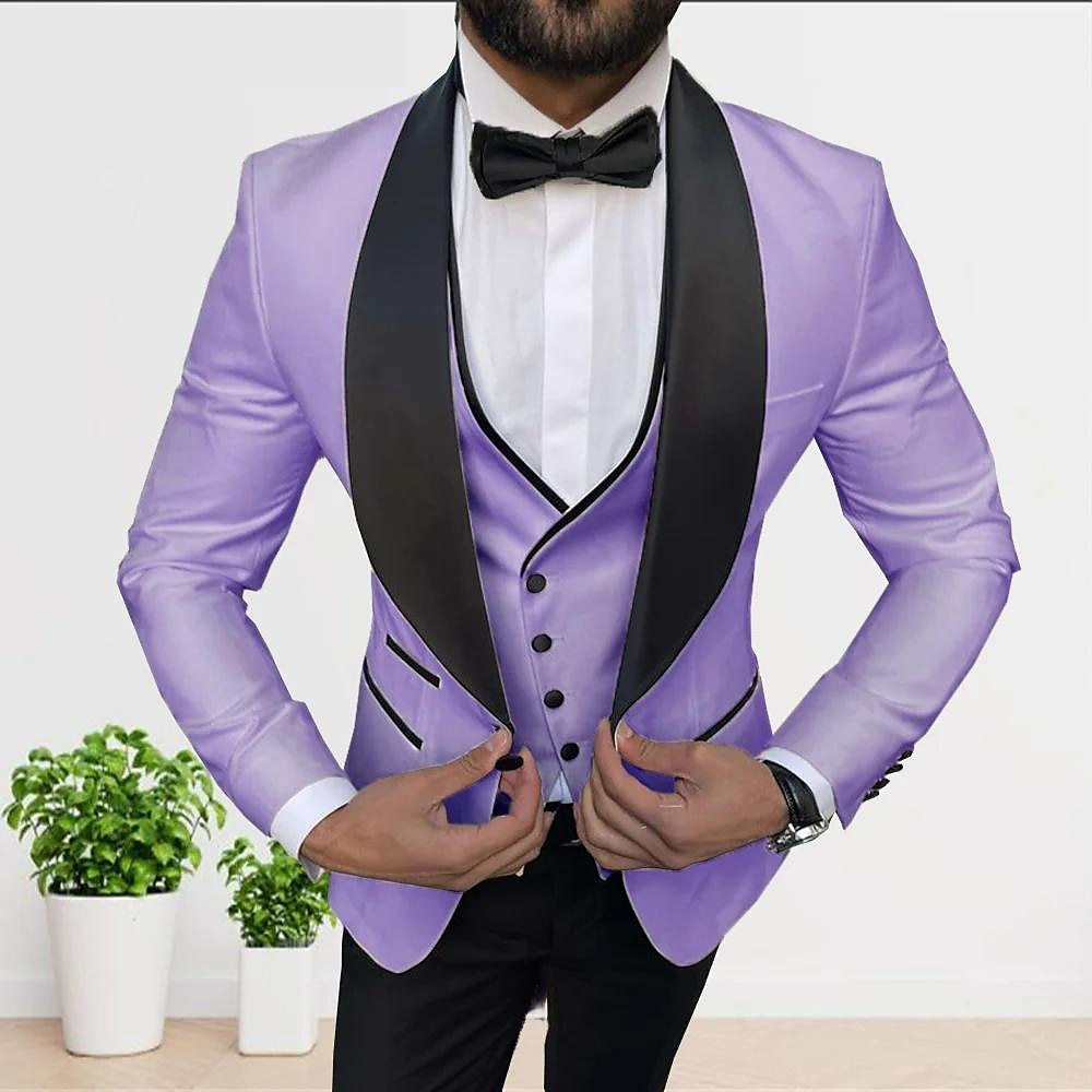 White Champagne Gray Men's Tailored Fit 3 Pieces Solid Coloured Single Breasted One-button Party Suits