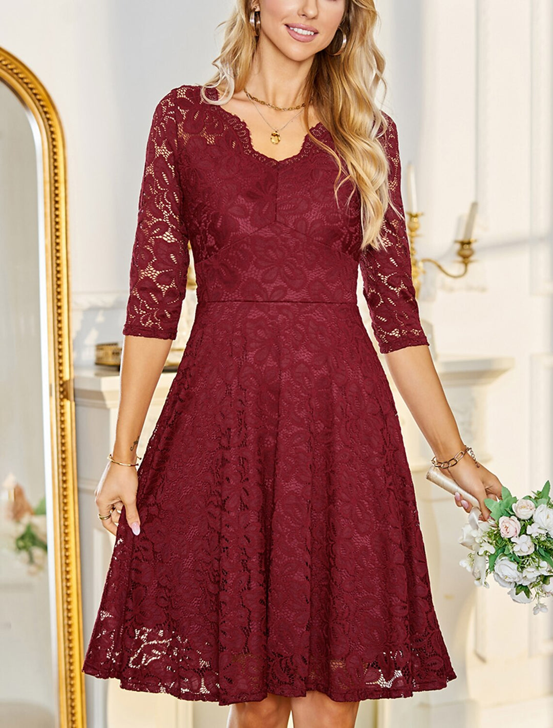 A-Line/Princess V-Neck Lace Wedding Guest Cocktail Dresses with Applique