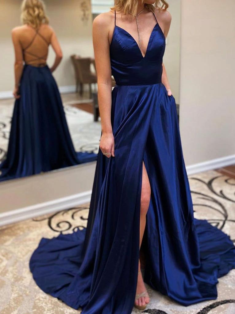 A-Line/Princess V-Neck Floor-length Long Prom Dresses With Split Side