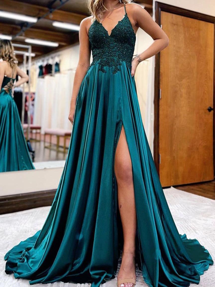 A-Line/Princess V-Neck Floor-length Long Prom Dresses With Split Side