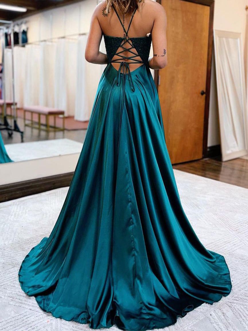 A-Line/Princess V-Neck Floor-length Long Prom Dresses With Split Side