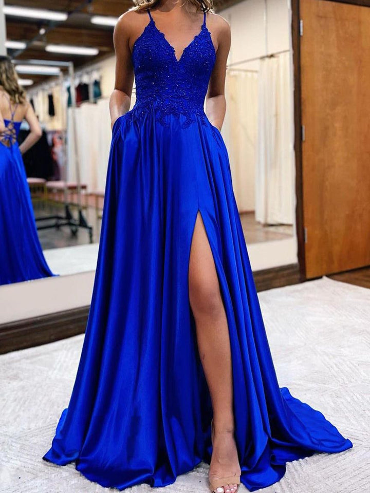 A-Line/Princess V-Neck Floor-length Long Prom Dresses With Split Side