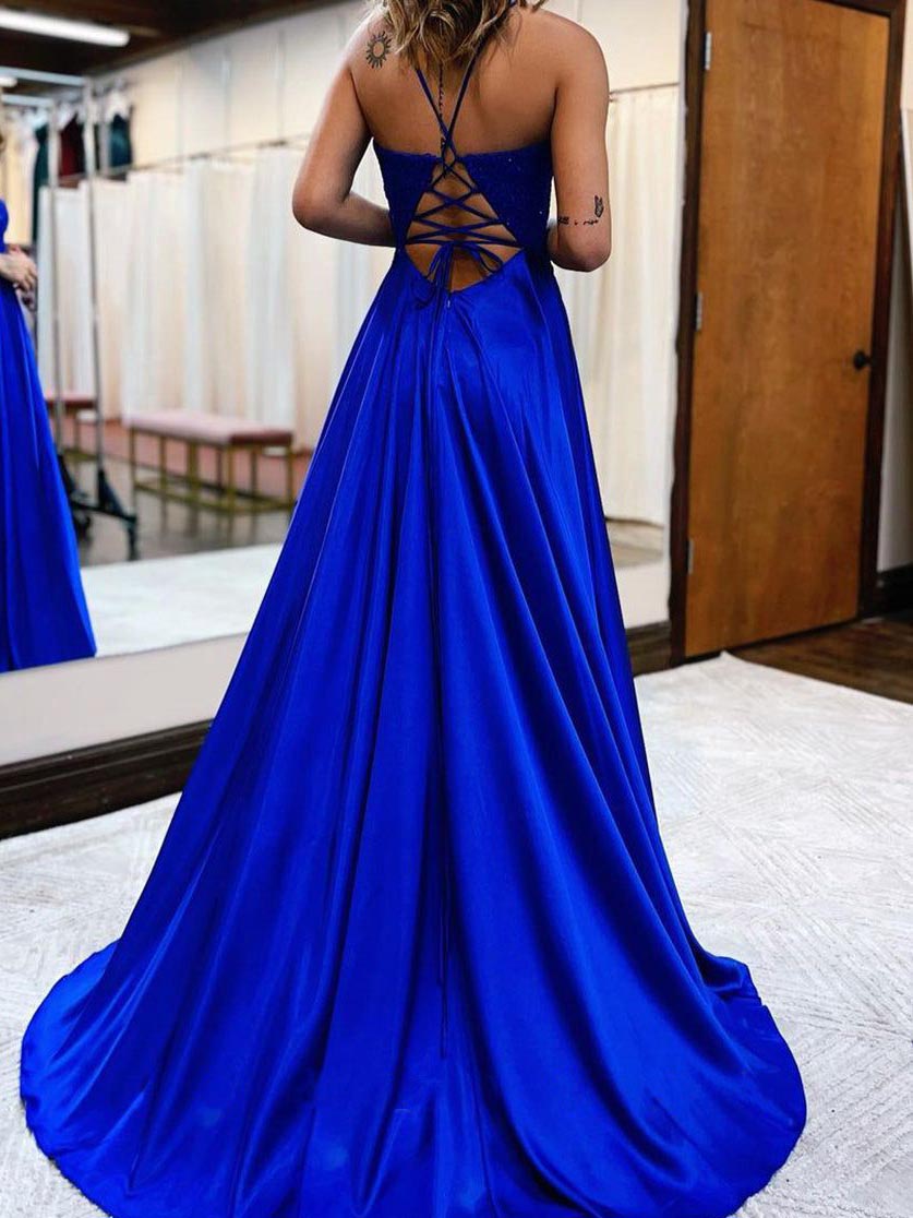 A-Line/Princess V-Neck Floor-length Long Prom Dresses With Split Side