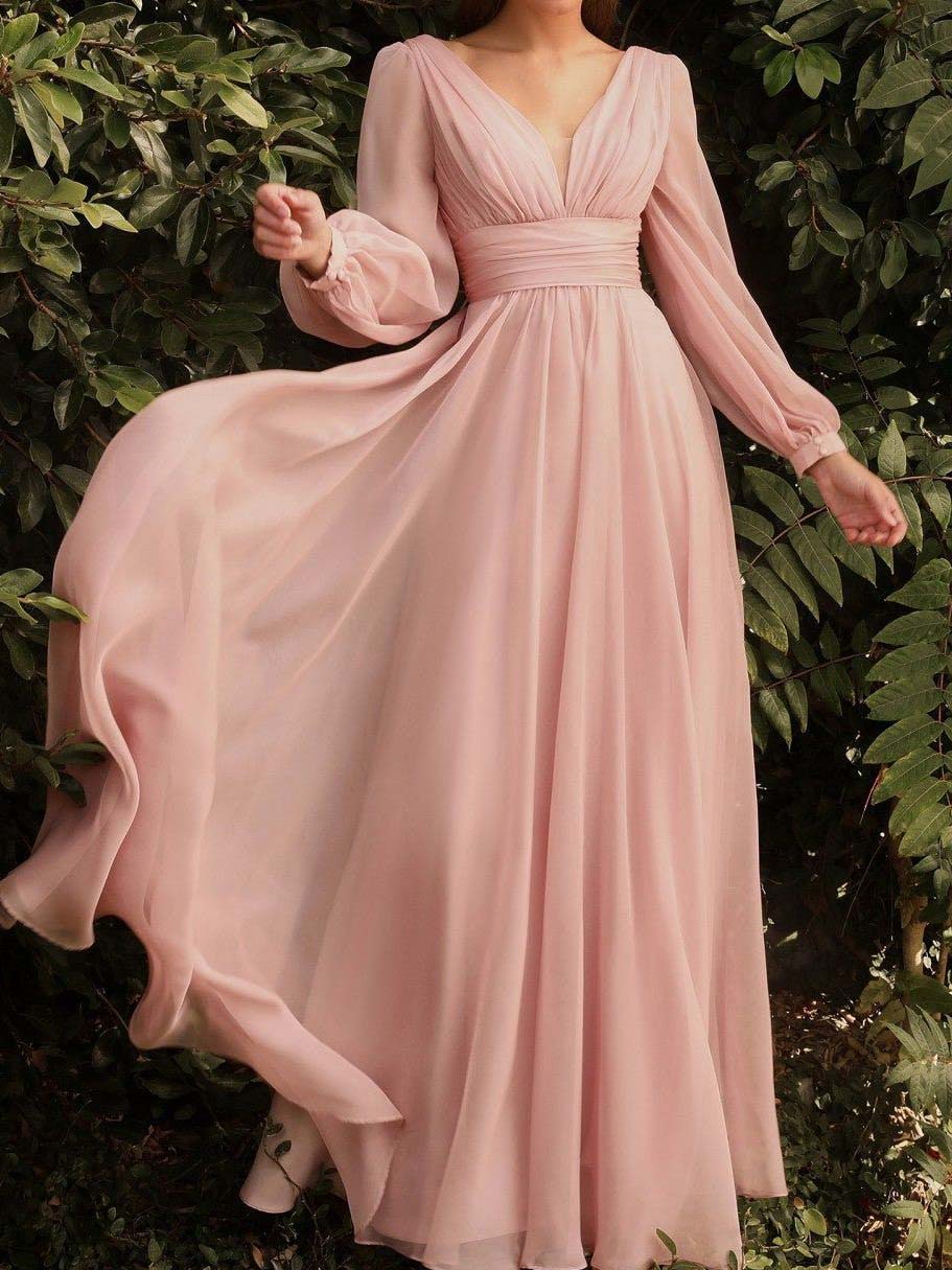 A-Line/Princess V-Neck Long Sleeves Floor-length Long Dresses