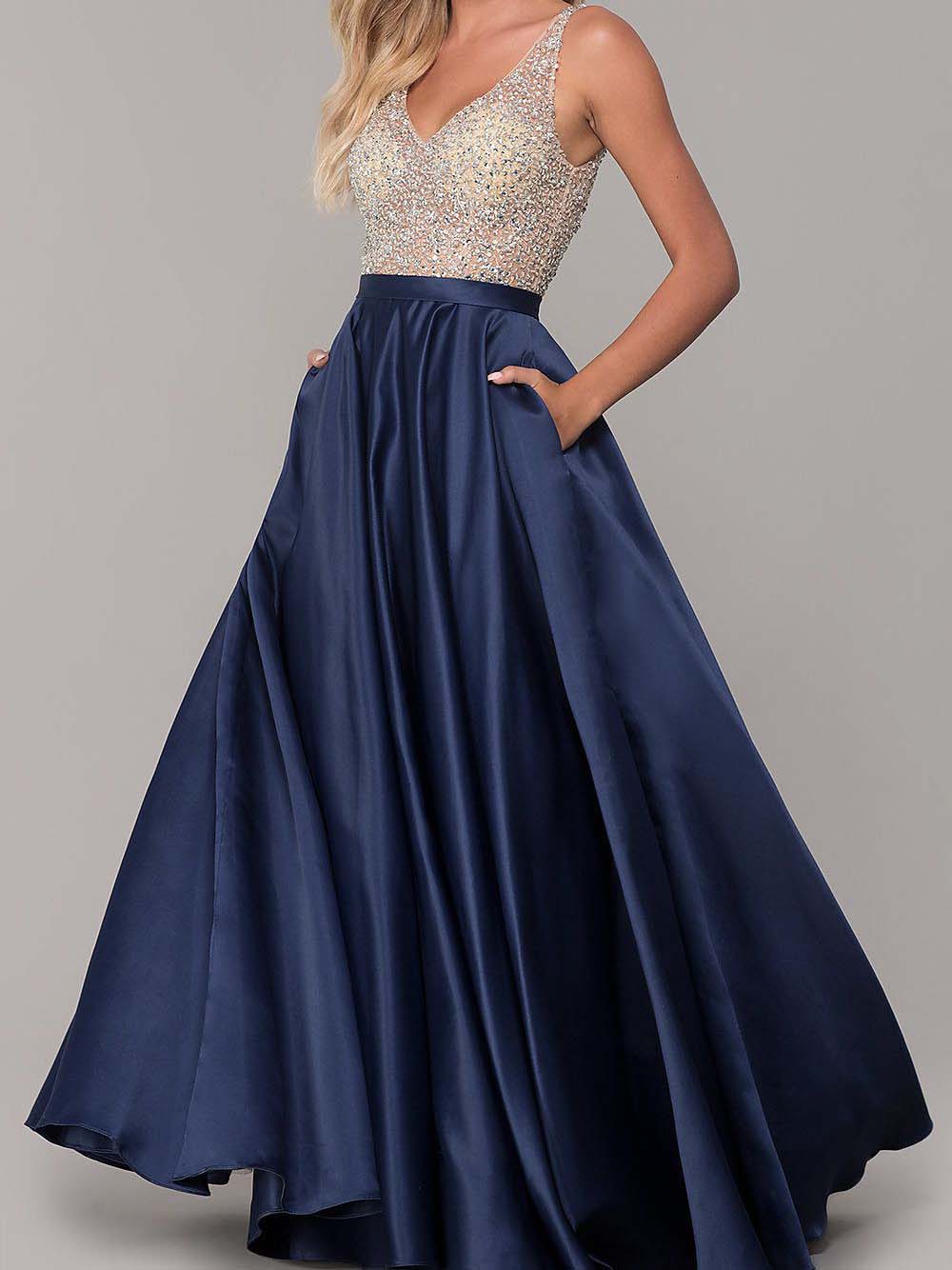 A-Line/Princess V-Neck Sleeveless Floor-length Long Dresses with Pockets