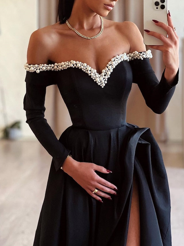 Ball Gown Off-the-Shoulder Floor-length Long Prom Dresses With Split Side & Beading