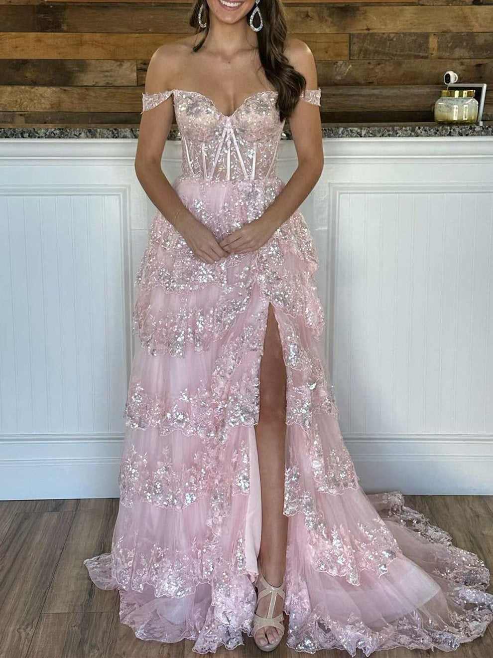 A-Line/Princess Off-the-Shoulder Long Dresses With Split Side & Sequins