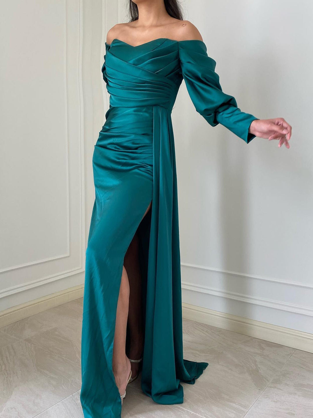 Sheath/Column Off-the-Shoulder Floor-length Long Dresses With Split Side