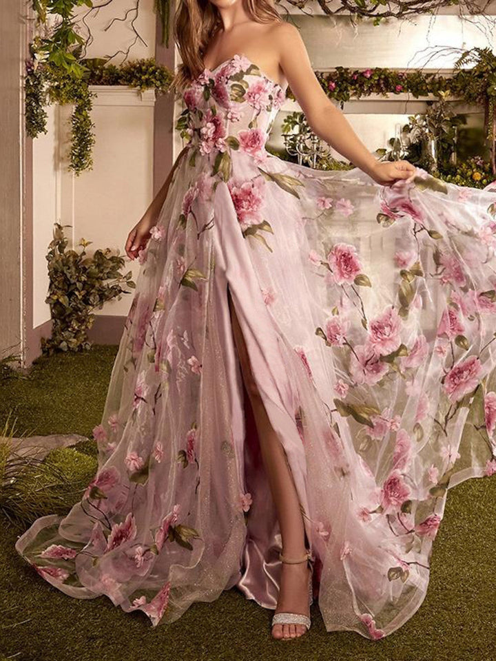 A-Line/Princess Strapless Long Dresses With Split Side