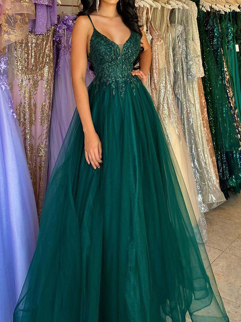 A-Line/Princess Spaghetti Straps Floor-length Long Dresses With Sequins