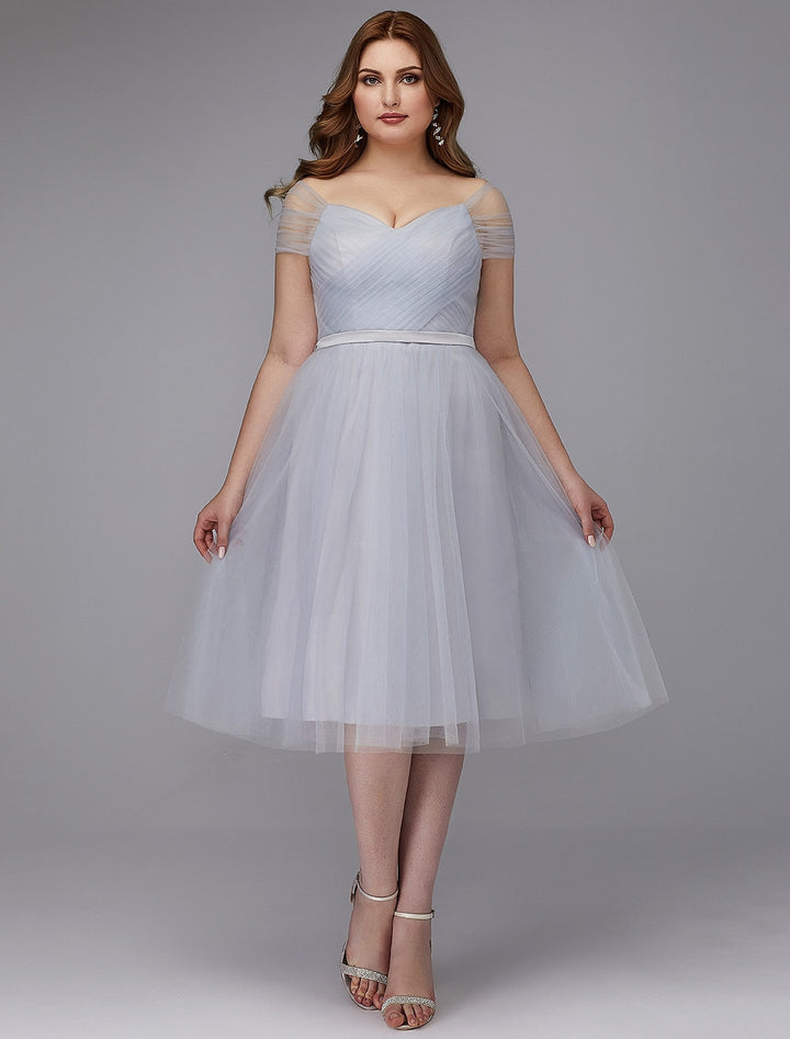 A-Line/Princess Off-the-Shoulder Tea-Length Prom Dresses