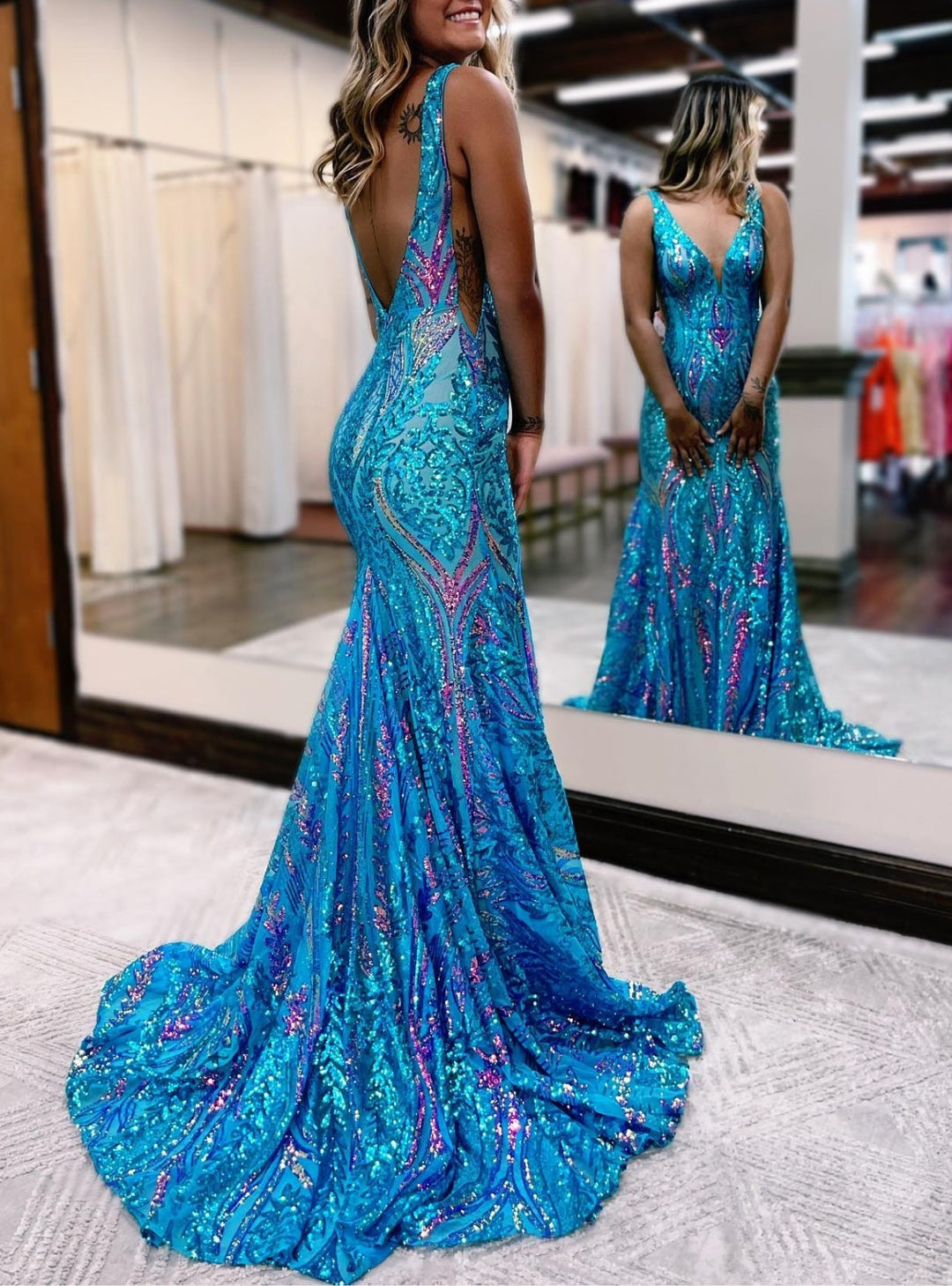 Trumpet/Mermaid V-Neck Sleeveless Floor-length Long Prom Dresses with Sequins