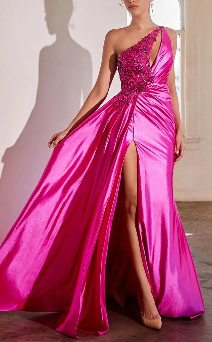 Sheath/Column One-Shoulder Floor-Length Prom Dresses With Split Side