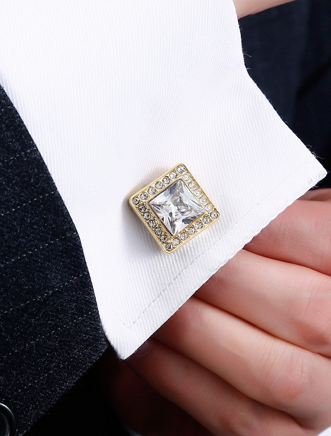 Men's 2Pcs Cufflinks Golden Geometric with Rhinestones