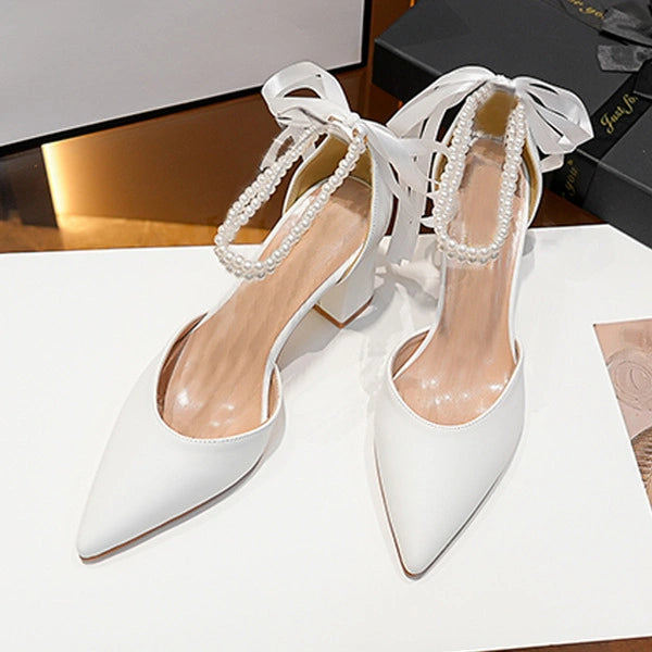 Women's Wedding Shoes Faux Leather Block Heel Point Toe Wedding Heels Bridal Shoes Pearl Ribbon