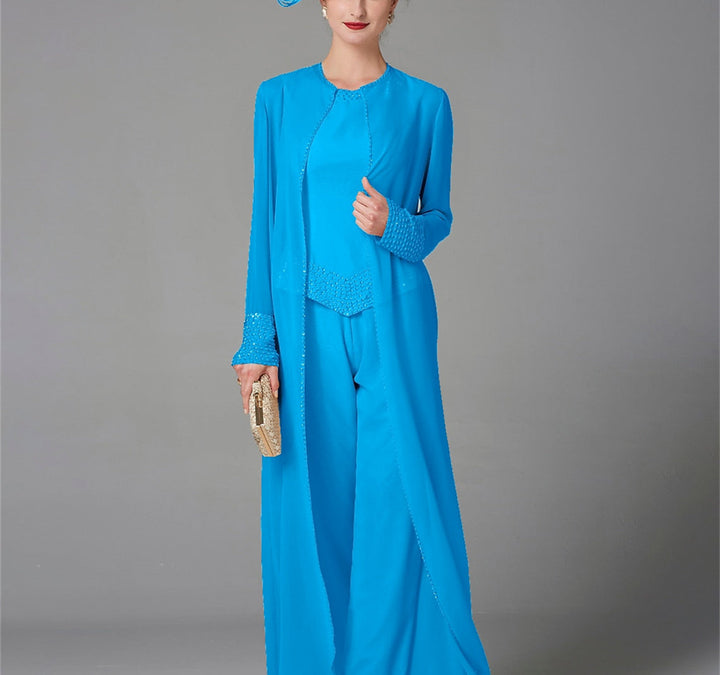 Chiffon Long Sleeves Mother of the Bride Pantsuits with Jacket & Sequins