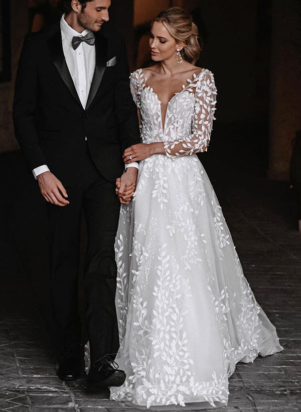 A-Line/Princess V-Neck Floor-length Wedding Dress