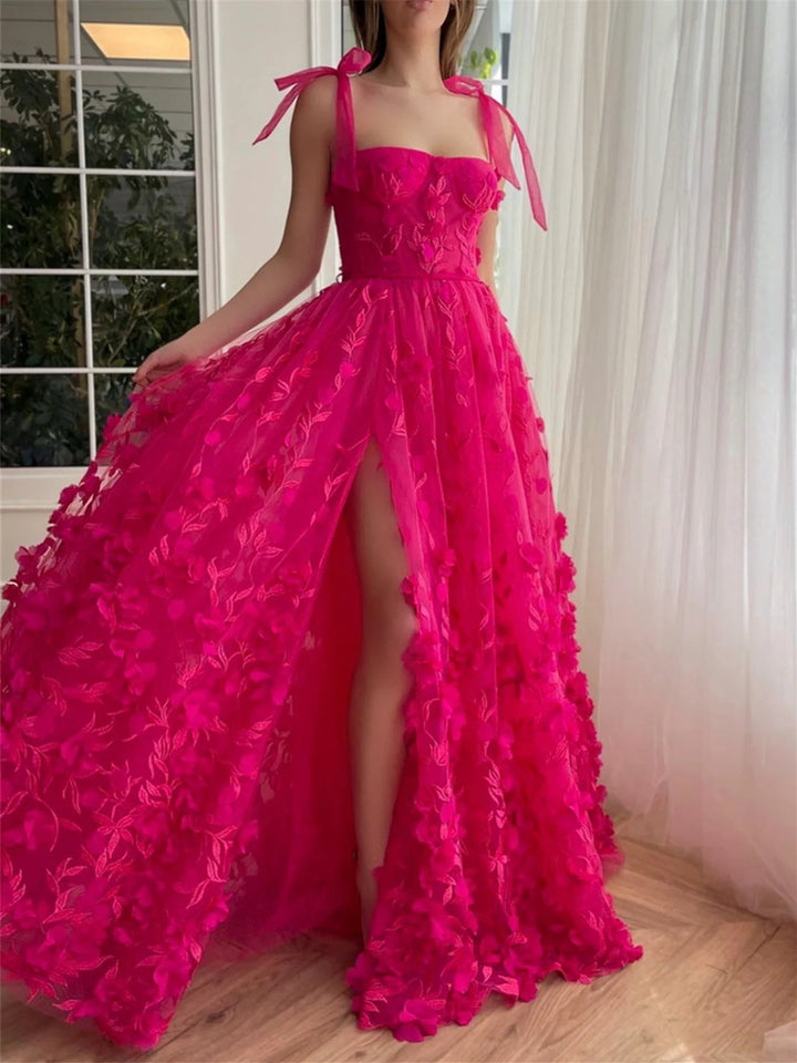 A-Line/Princess Spaghetti Straps Long Prom Dresses With Split Side