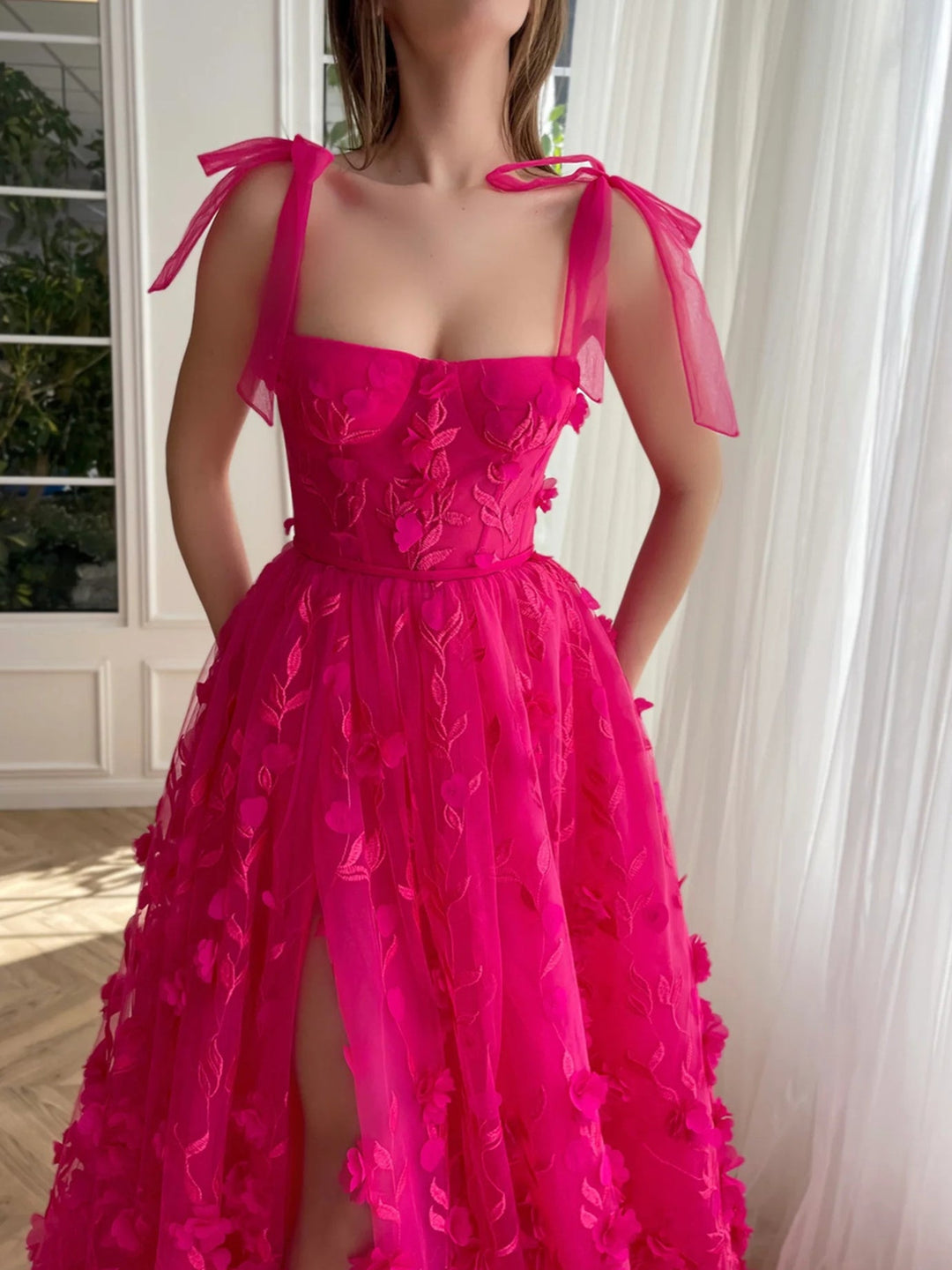 A-Line/Princess Spaghetti Straps Long Prom Dresses With Split Side