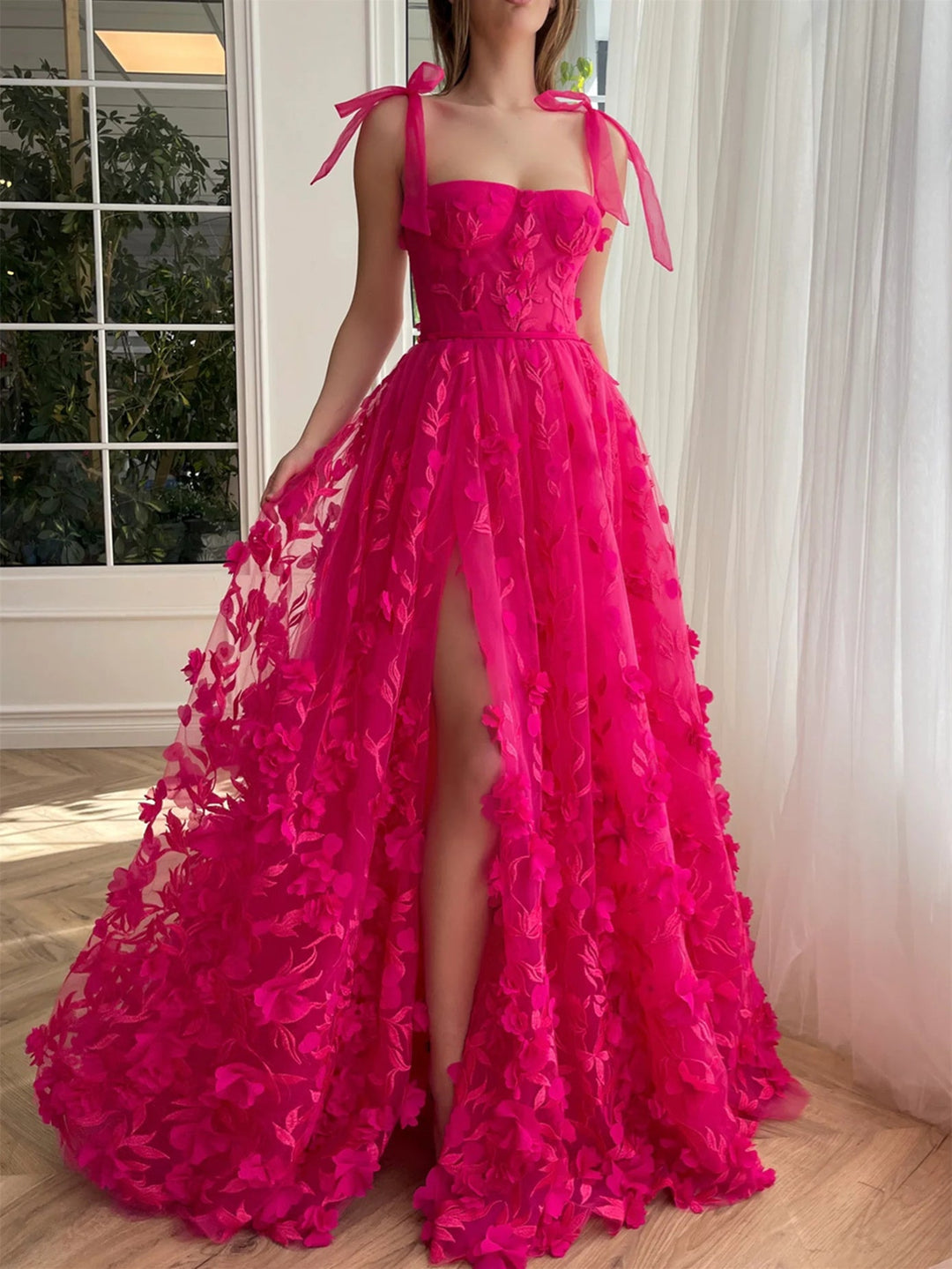 A-Line/Princess Spaghetti Straps Long Prom Dresses With Split Side